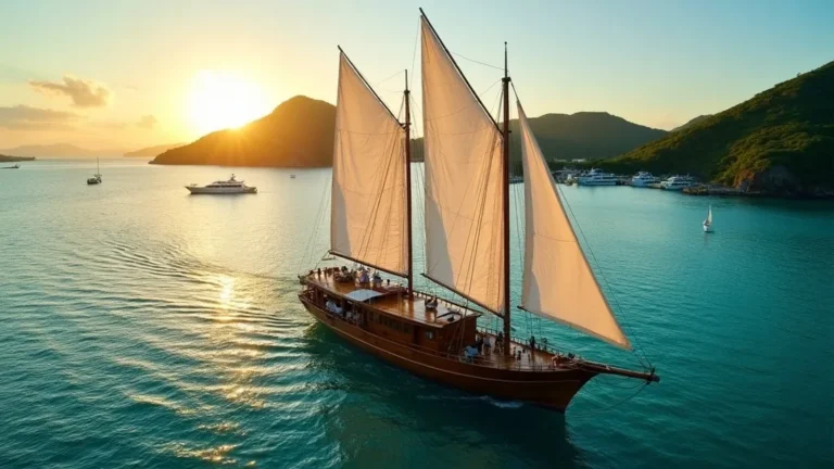 Phinisi boat from a Komodo tour operator departing Labuan Bajo harbor at golden hour